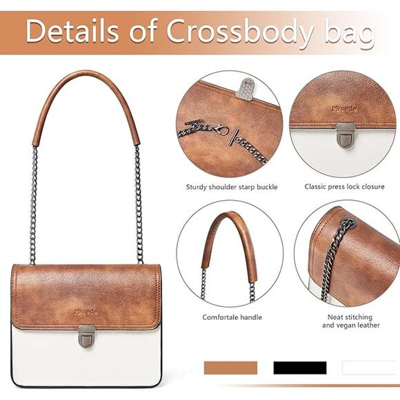 Two-Tone Crossbody Satchel – White & Brown Faux Leather w/ Chain Strap - Picture 3 of 5